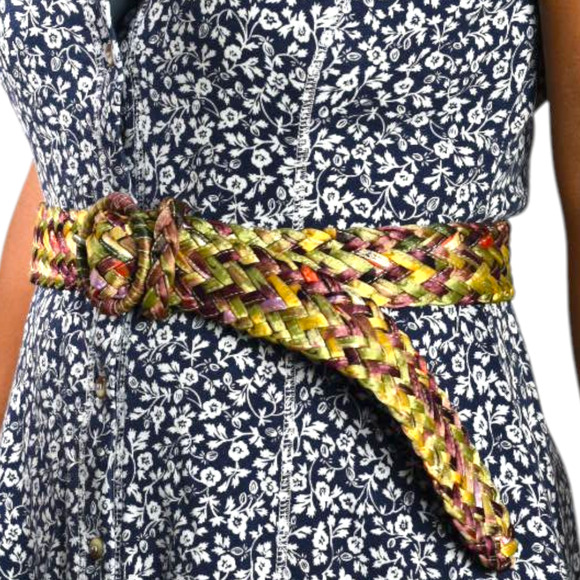 Rainbow Braided Belt Yellow Purple Silky Fabric Woven Large Circle Buckle Large - Picture 10 of 12